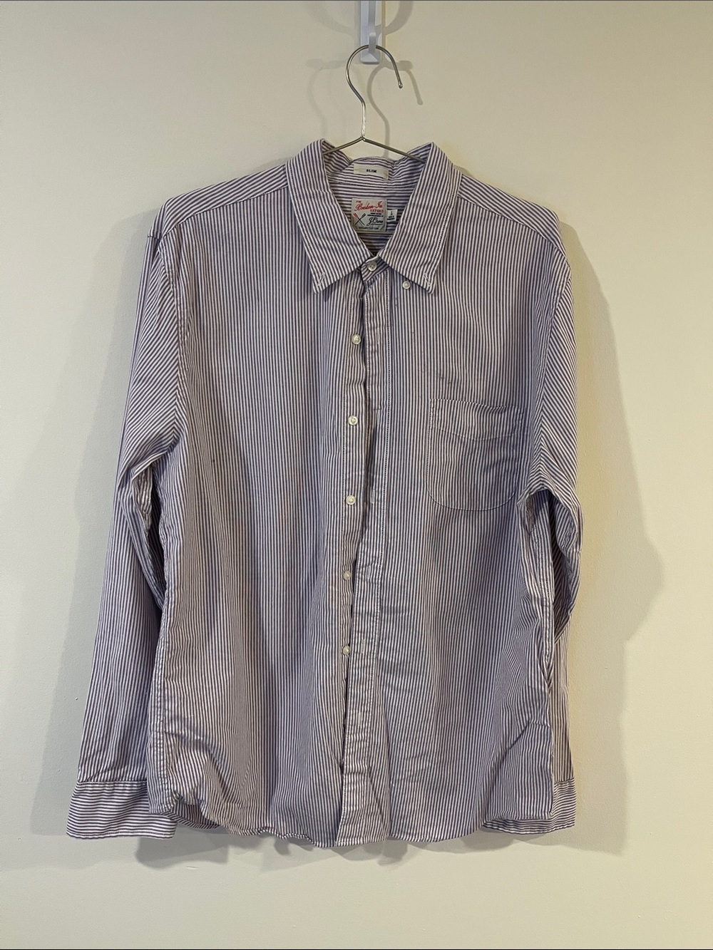 J. Crew Men’s Thin Purple and White Striped Broken In Oxford Shirt